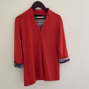 SPORT HALEY Mock Neck Half Sleeve Rhinestone Detailed Polo, Blood Orange- Small